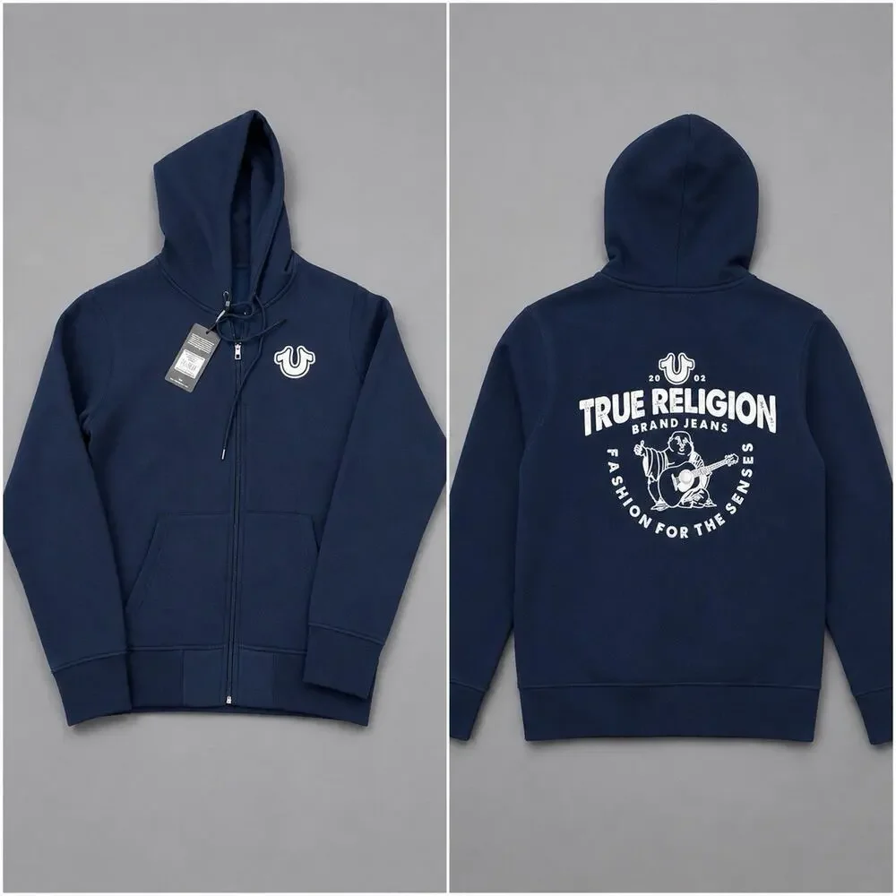 TRUE RELIGION Logo Core ZIP UP ACE BLUE Fleece Men's Hoodie Jacket Size L NWT